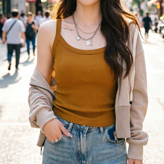 เสื้อสายเดี่ยว บราในตัว คอ U ยืดหยุ่นสูง ไม่ต้องใส่บราเพิ่ม ใส่สบาย ใส่ได้ทั้งปี