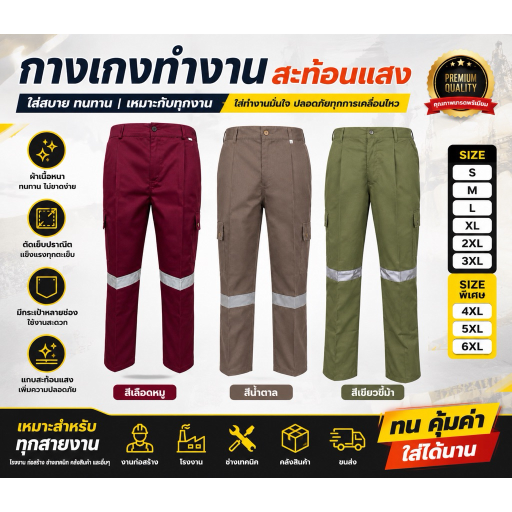(สีใหม่พร้อมส่ง) กางเกงช็อปช่าง 6 กระเป๋า มีแถบสะท้อนแสง ใส่ได้ทั้งผู้ชายและผู้หญิง (S - 6XL)