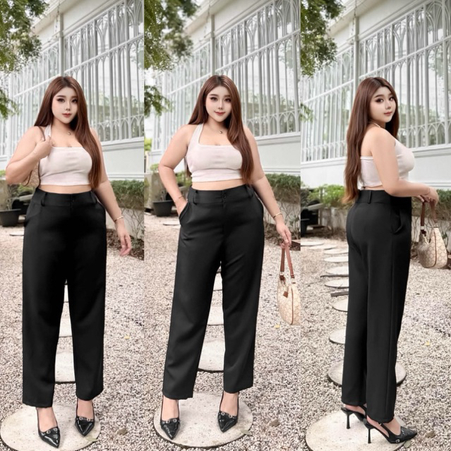 S227กางเกงใส่ทำงานทรงขากระบอกเล็กกระดุมหน้าเอวสูง9ส่วน ผ้าบาร์บี้ มี10ไซส์ [เอว34-52]