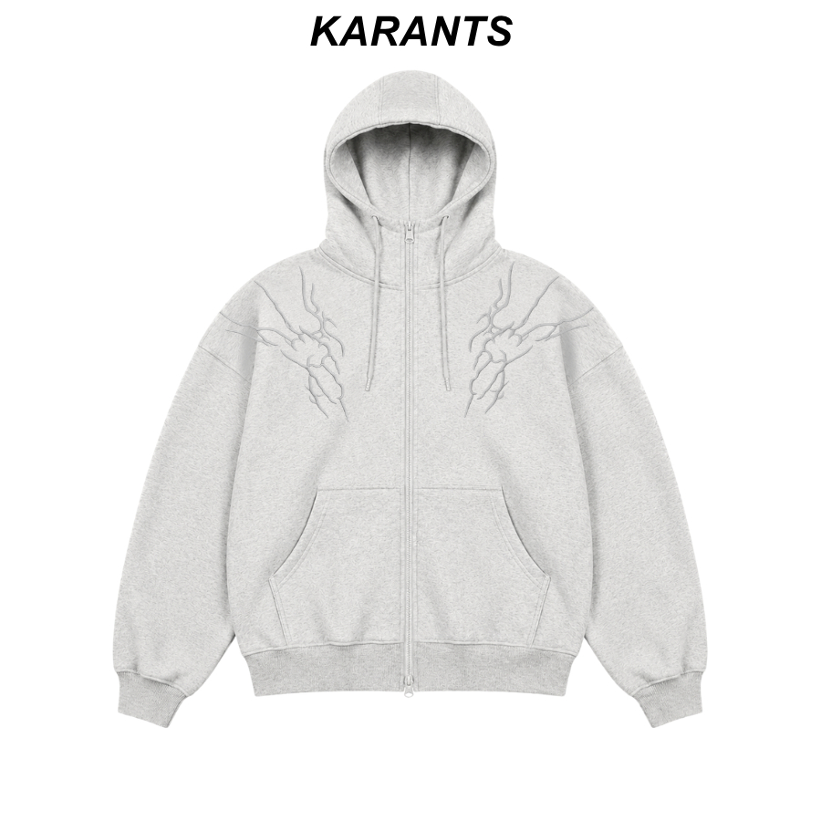 Karants เสื้อ Hoodie Zip Boxy ผ้าฟลีซ คอสูง ปักลายนูน Zip 2 หัว Unisex ชาย-หญิง - AK94