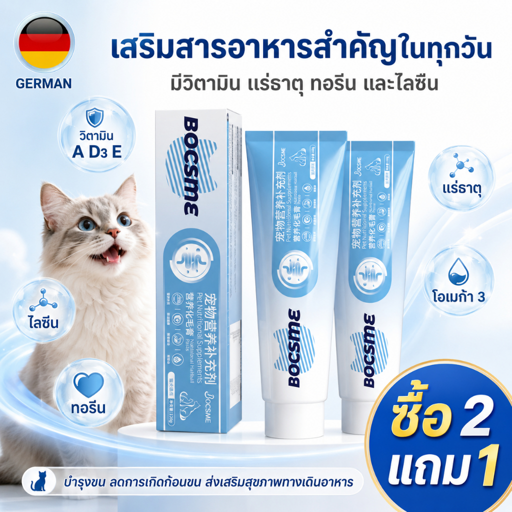 ซื้อ 2 แถม 1 BOCSME เจลขับก้อนขนแมว 120g x 3 หลอด มีใยอาหารและโพรไบโอติก