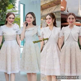 เดรสผ้าไทยสีขาวงาช้าง ผ้าทอลายเทียนหยด แต่งโบว์ไหล่และทรงกั๊ก พร้อมส่ง