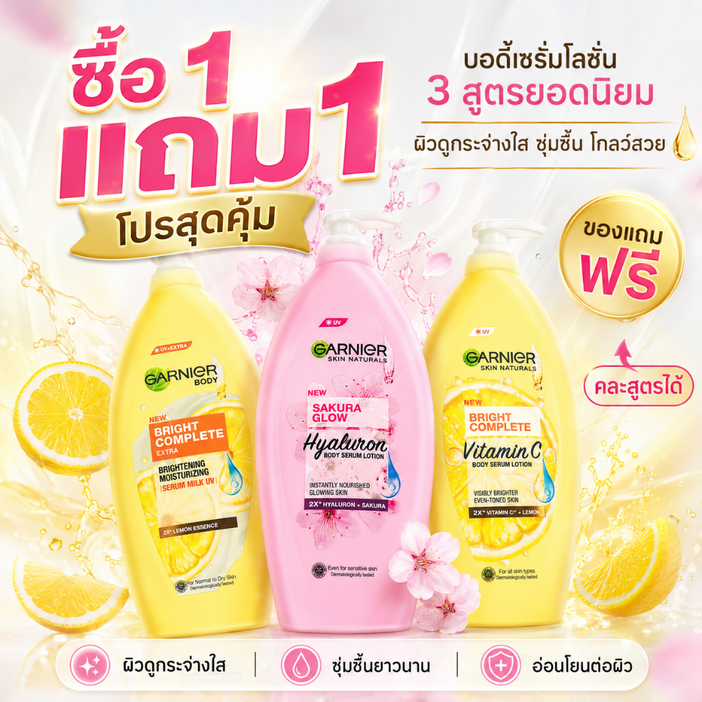 โปรโมชัน ซื้อ 1 แถม 1 บอดี้เซรั่มโลชั่น 400มล. 3สูตร ผิวชุ่มชื้น กระจ่างใส ปกป้องรังสีUV ซึมเร็ว ไม่เหนียวเหนอะหนะ
