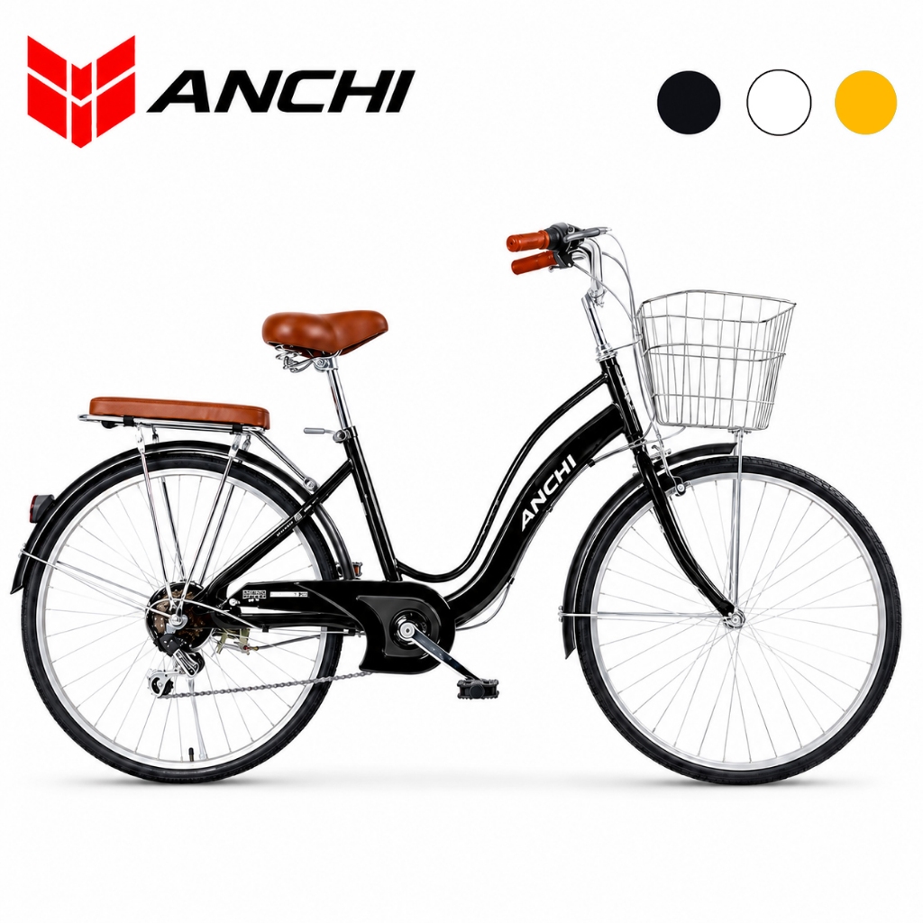 ANCHI 【เดินทางสะดวก】จักรยานแม่บ้าน 24/26 นิ้ว 7 สปีด มีตะกร้า เบาะหลัง โครงเหล็กคาร์บอน สีดำ