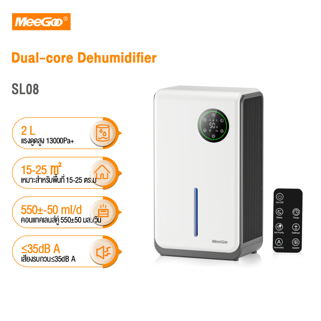 MeeGoo Dehumidifier 2L เครื่องลดความชื้นแบบสองหัว ทำให้อากาศบริสุทธิ์ เสียงเงียบ <35db 15~25 m2