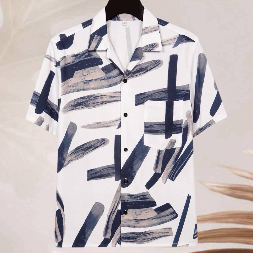 เสื้อเชิ้ตฮาวาย ลาย ขีดศิลปะดำ(พื้นสีขาว) ผ้าไหมอิตาลี อก 38-52 นิ้ว ไซส์ M-3XL