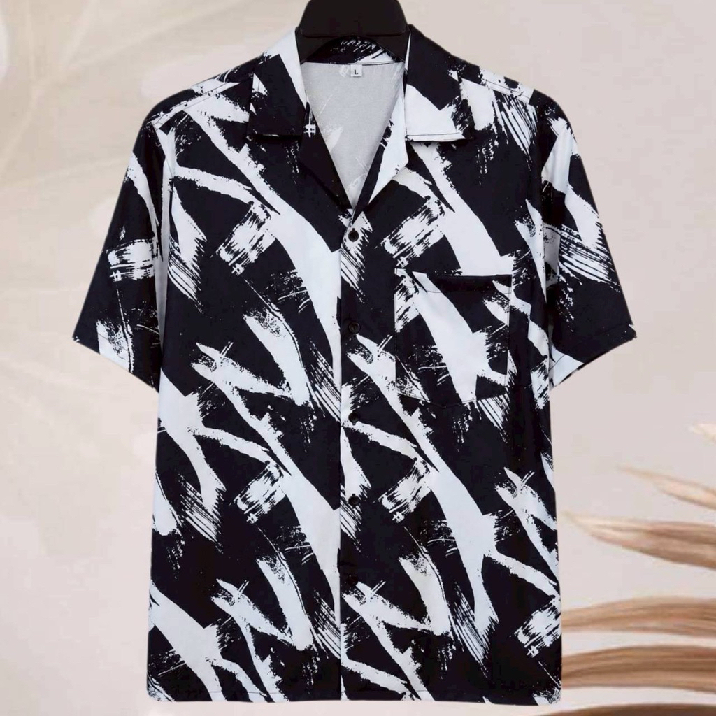 เสื้อเชิ้ตฮาวาย ลายพู่กันป้าย (พื้นสีดำขาว) ผ้าไหมอิตาลี