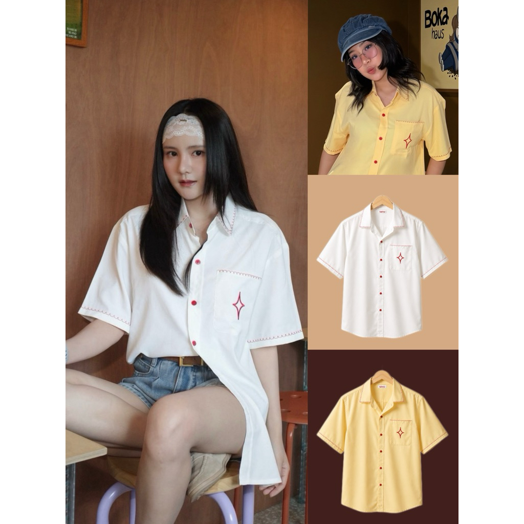 Lightme | Mellow Shirt เสื้อเชิ้ตผู้หญิงโอเวอร์ไซส์แขนสั้น ดีเทลงานปักด้ายและกระดุมแดง ใส่สบาย ไม่ร้อน แมตช์ง่าย มี 2 สี