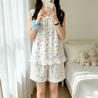 🌸ส่งไวจากไทย🌸 หวานสาวฝ้ายผ้ากอซชุดนอนผู้หญิงเสื้อกั๊กกางเกงขาสั้นชุดรูปแบบโบว์ที่มีสีสันฤดูร้อนกางเกงขาสั้นสวมใส่ชุดบ้าน
