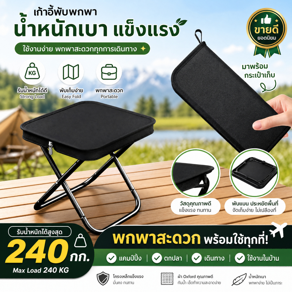 เก้าอี้สนามพับได้ แบบกระเป๋า น้ำหนักเบา ใช้ตกปลา เดินป่า แคมป์ปิ้ง Portable Folding Chair Mini Stool นั่งสบาย พกพาง่ายดี