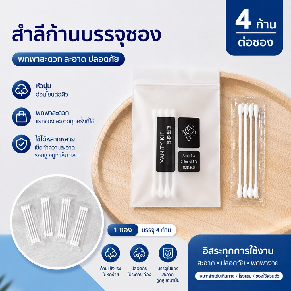 คอตตอนบัด ก้านสำลี +สำลีเช็ดหน้า สำลี (แพ็ค 100 ชิ้น】สำหรับใช้ในโรงแรม ใส่ซองขาวขุ่น