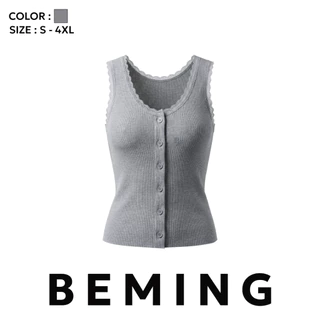 Bemingtop1264(S-4XL) - Mony Top – เสื้อกล้ามผ้าริบแต่งลูกไม้ พร้อมกระดุมหน้าใช้งานได้จริง