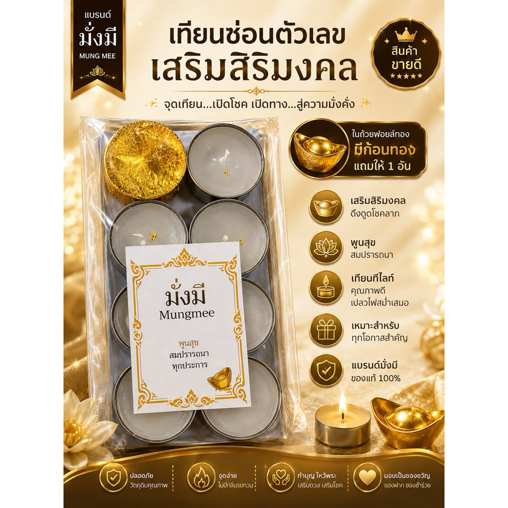 เทียนซ่อนตัวเลข มั่งมี Mungmee เทียนทีไลท์เสริมสิริมงคล ลุ้นตัวเลข 3 หลัก พร้อมก้อนทองมงคล
