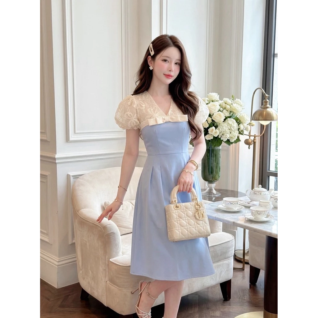 [NITTAYA] D2934 ชุดเดรสเวียดนามคอวีแขนตุ๊กตาผ้าปักลายดอกดีเทลแต่งโบว์กระเป๋าข้าง สวยหรูดูแพง ใส่ออกงาน ดินเนอร์ คาเฟ่