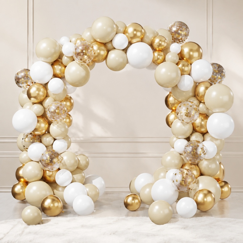 ชุดลูกโป่งสีครีม-ขาว-ทอง 102 ชิ้น Balloon Garland Arch ลูกโป่งคอนเฟตต์ทอง ตกแต่งงานแต่ง งานวันเกิด ปาร์ตี้ธีมมินิมอล