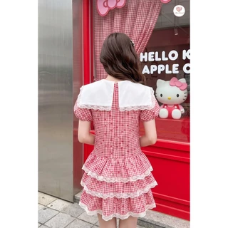 (มี3XL) Maria Diamond สีแดง Lipstick Kitty Dress เดรสทรงปล่อยคิตตี้ ปกงานปัก ผ้าคอตตอนสก็อต ซิปหลัง มีซับใน