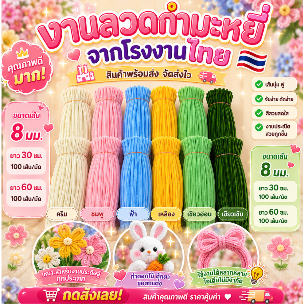 (100 เส้น/แพ็ค) ลวดกำมะหยี่ DIY ขนาด 8 มิล ยาว 60 ซม. โรงงานผลิตในประเทศไทย พร้อมส่งเร็ว ขนฟูแน่น สีสันสดใส สินค้าขายดี