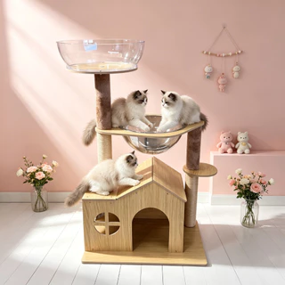 CoCo.PETcat tree คอนโดแมวไม้ แคททรี พร้อมบ้านแมว โดมอวกาศใส เสาลับเล็บสนาม ที่นอนแมว ของเล่นแมว ต้นไม้แมว