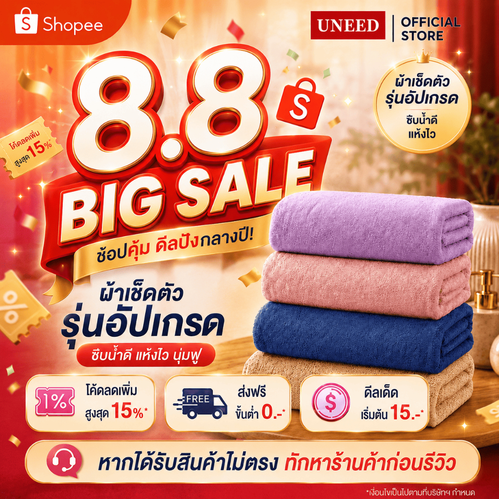 【UNEED】2026ผ้าเช็ดตัวไมโครไฟเบอร์รุ่นใหม่ ซับน้ำได้ดีเยี่ยม แห้งเร็ว คุณภาพพรีเมียม มีให้เลือก ขนาด 40x80|70x140|90x160