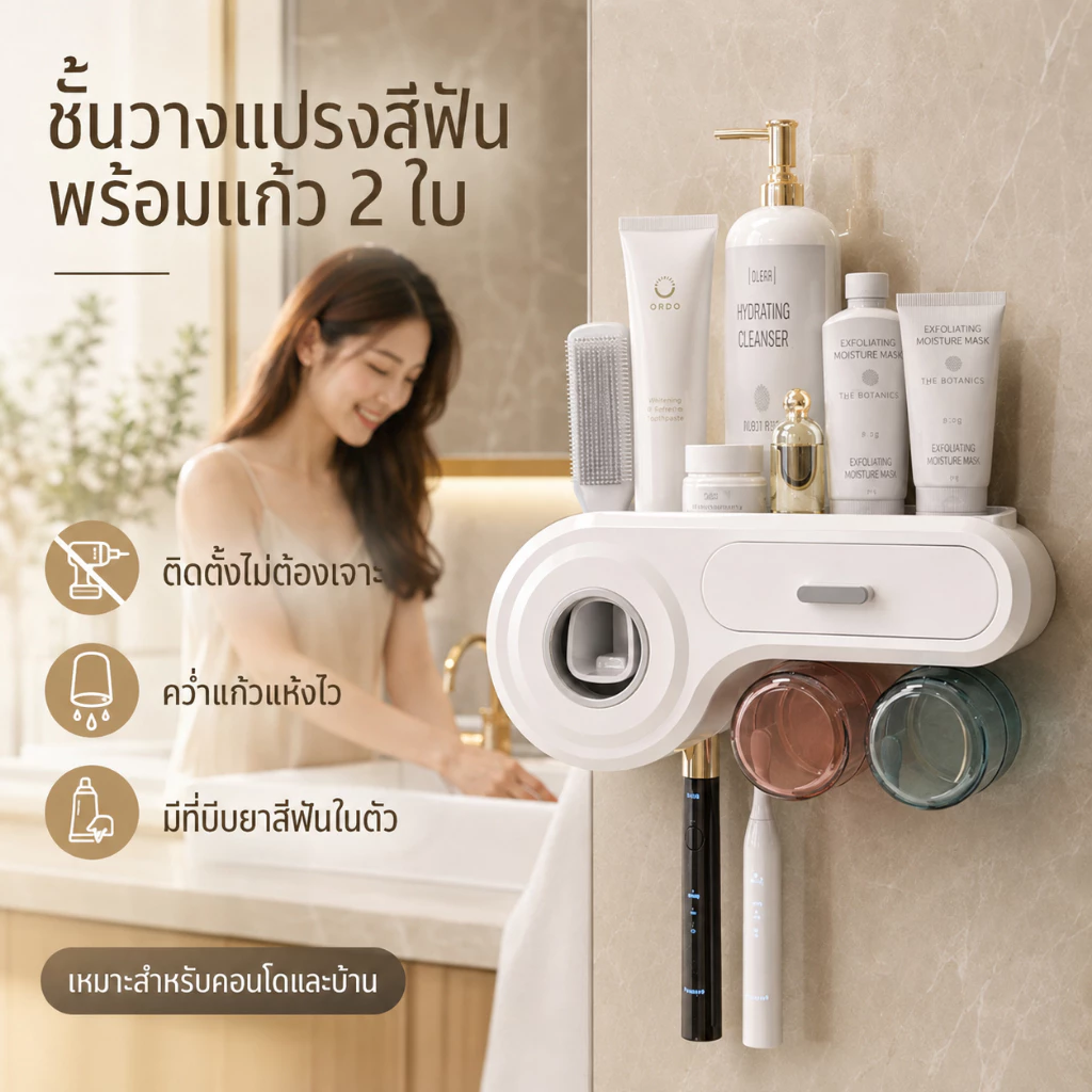 ชั้นวางแปรงสีฟันติดผนัง พร้อมที่บีบยาสีฟันอัตโนมัติและแก้วน้ำ แห้งไว ลดการสะสมของแบคทีเรีย COD