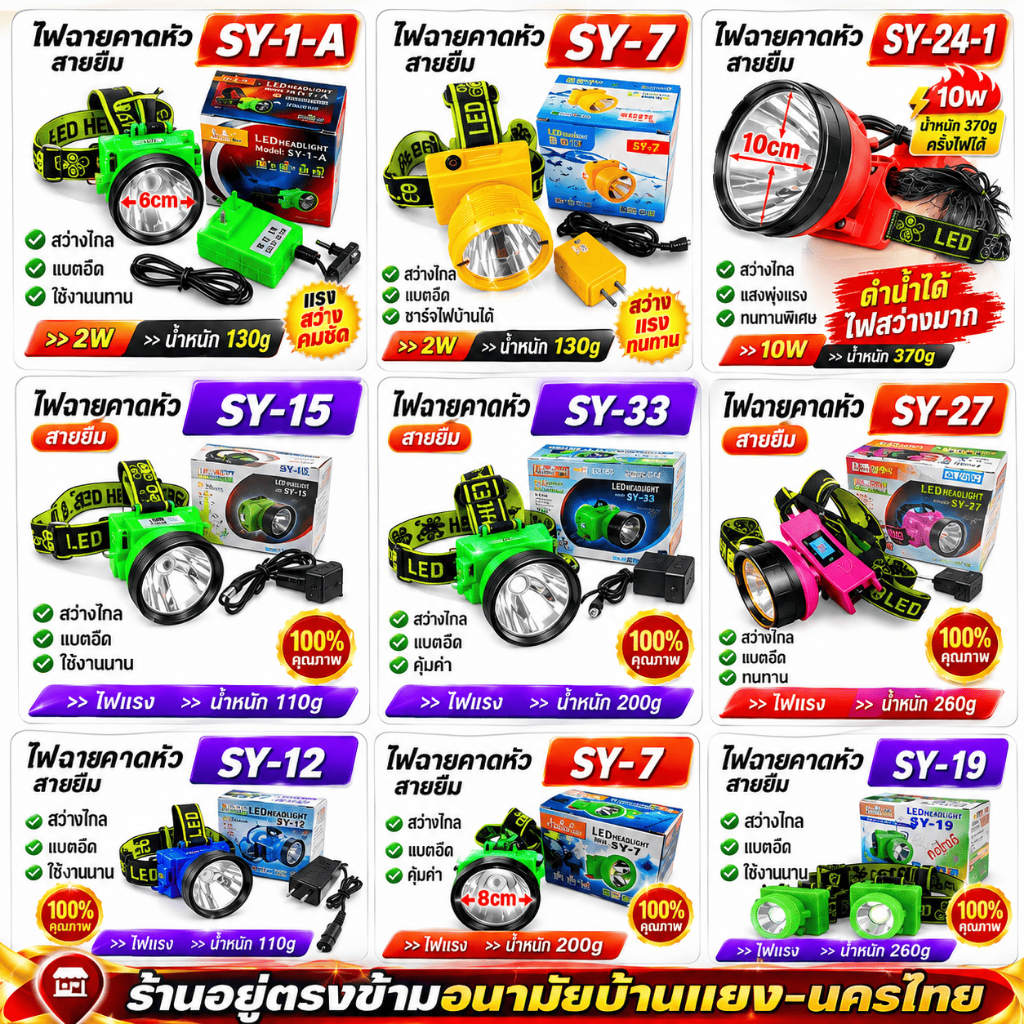สามยิ้ม 3 ยิ้ม ทุกรุ่น SY-33 , SY-12 , SY-19 , SY-15 , SY-24-1 , SY-27 , SY-17 , SY-1-A ไฟฉายคาดหัว ดำน้ำได้ ของแท้ 100%