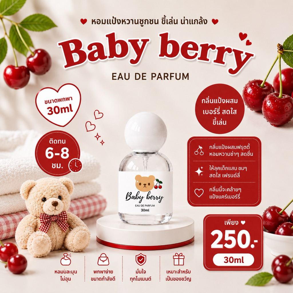 ( แพ็คเกจใหม่ ! ) 🎀— SUGAR BEAR :: น้ำหอมกลิ่น Baby berry หอมกลิ่นแป้งผสมเบอร์รี่ สดใสเกินต้าน ขนาด 