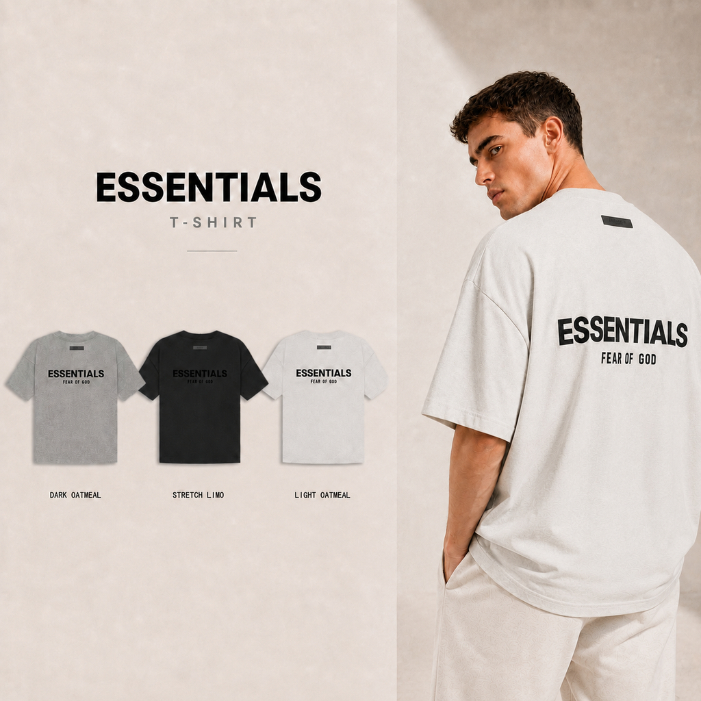 Essentials SS22 Stretch Limo Flocked Logo T-Shirt Light Oat 100% Authentic