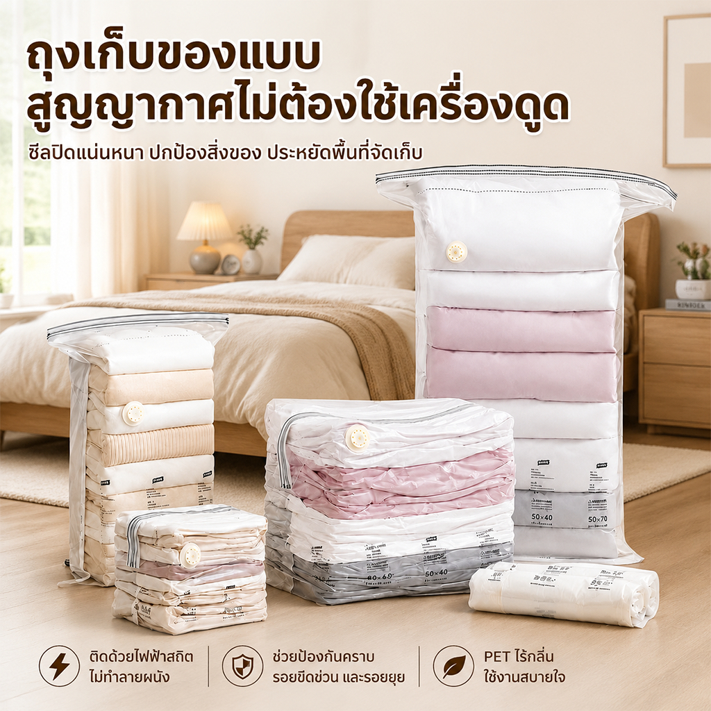ถุงสูญญากาศเก็บเสื้อผ้า No-Pump PA+PE แบบมือกด ประหยัดพื้นที่ ใช้ซ้ำได้ สำหรับผ้าห่ม เดินทาง