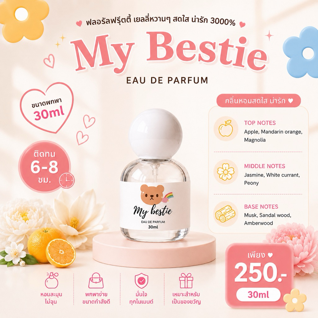 ( แพ็คเกจใหม่ ! ) 🎀— SUGAR BEAR :: น้ำหอมกลิ่น My Bestie  หอมกลิ่นฟลอรัลฟรุ๊ตตี้ หวานอมเปรี้ยว ขนาด 