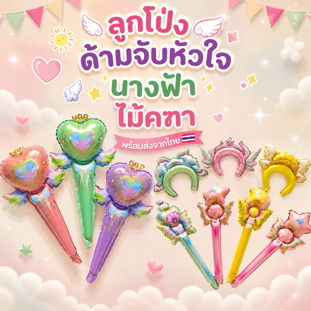 ลูกโป่งด้ามจับ ลูกโป่ง ลายหัวใจมีปีกนางฟ้า ไม้คฑา งานสวยมากพร้อมส่ง✅