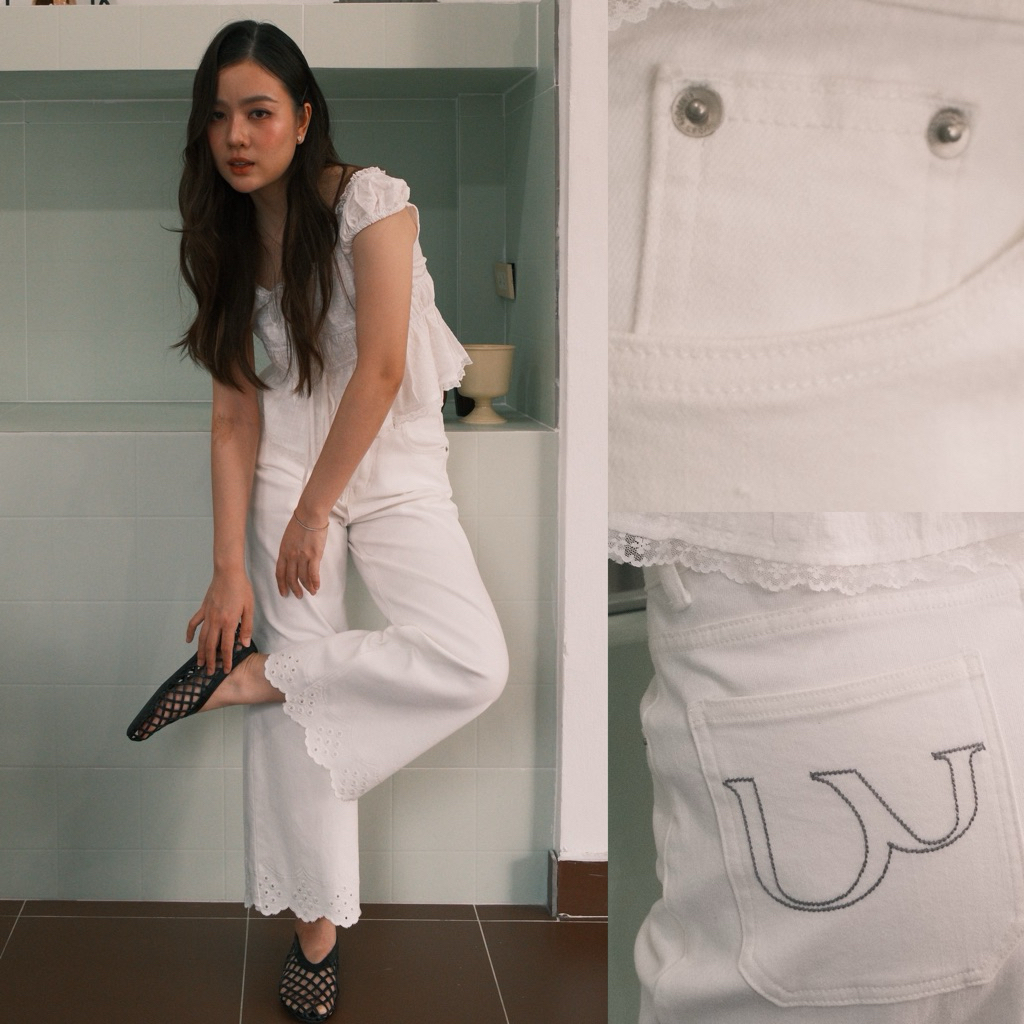 urban apparels | denim ep.1 in lace กางเกงยีนส์ขากระบอกเต่อผ้ายืดญี่ปุ่นปลายฉลุลูกไม้ ชอบพอดีตัวลด-1ไซส์