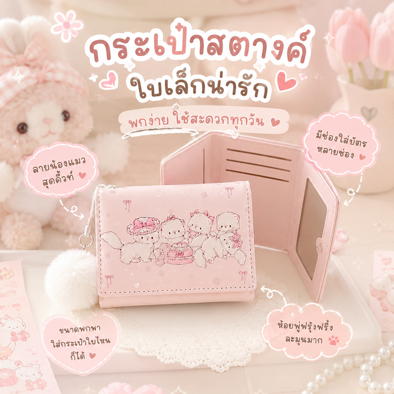 กระเป๋าสตางค์(ชมพูแมว5ตัว) กระเป๋าสตางค์พับเล็ก PU ลายน่ารัก โทนหวาน ใส่บัตรได้ 7 ช่อง มีช่องรูป พกพาสะดวก