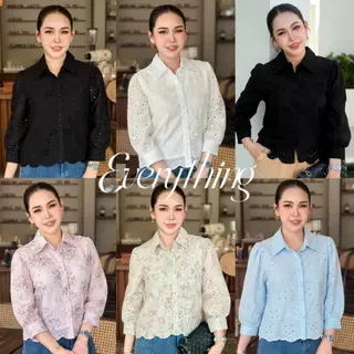 Everything2019 เสื้อผู้หญิงคอปก แขนยาว ลูกไม้ฉลุ มีซับใน ใส่งานบุญสวยมาก หน้าผ้า 36-48 (2129)