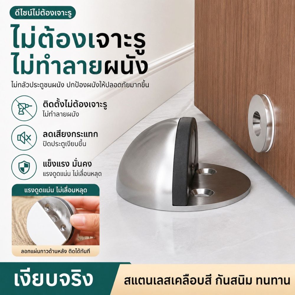 กันชนประตูสแตนเลส แบบติดแม่เหล็ก ติดตั้งง่ายได้ทั้งแบบเจาะ / แบบติดกาว อุปกรณ์ครบชุด ช่วยลดเสียงประตูกระแทก ส่งจากไทย!!!