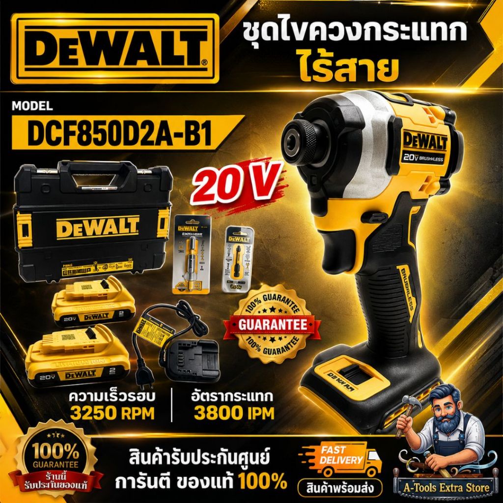DEWALT ชุดสว่านไขควง กระแทก 20V รุ่น DCF850D2A-B1 (แบต20V 2.0Ah x2+แท่นชาร์จ) DCF850 **ส่งเร็ว ของแท