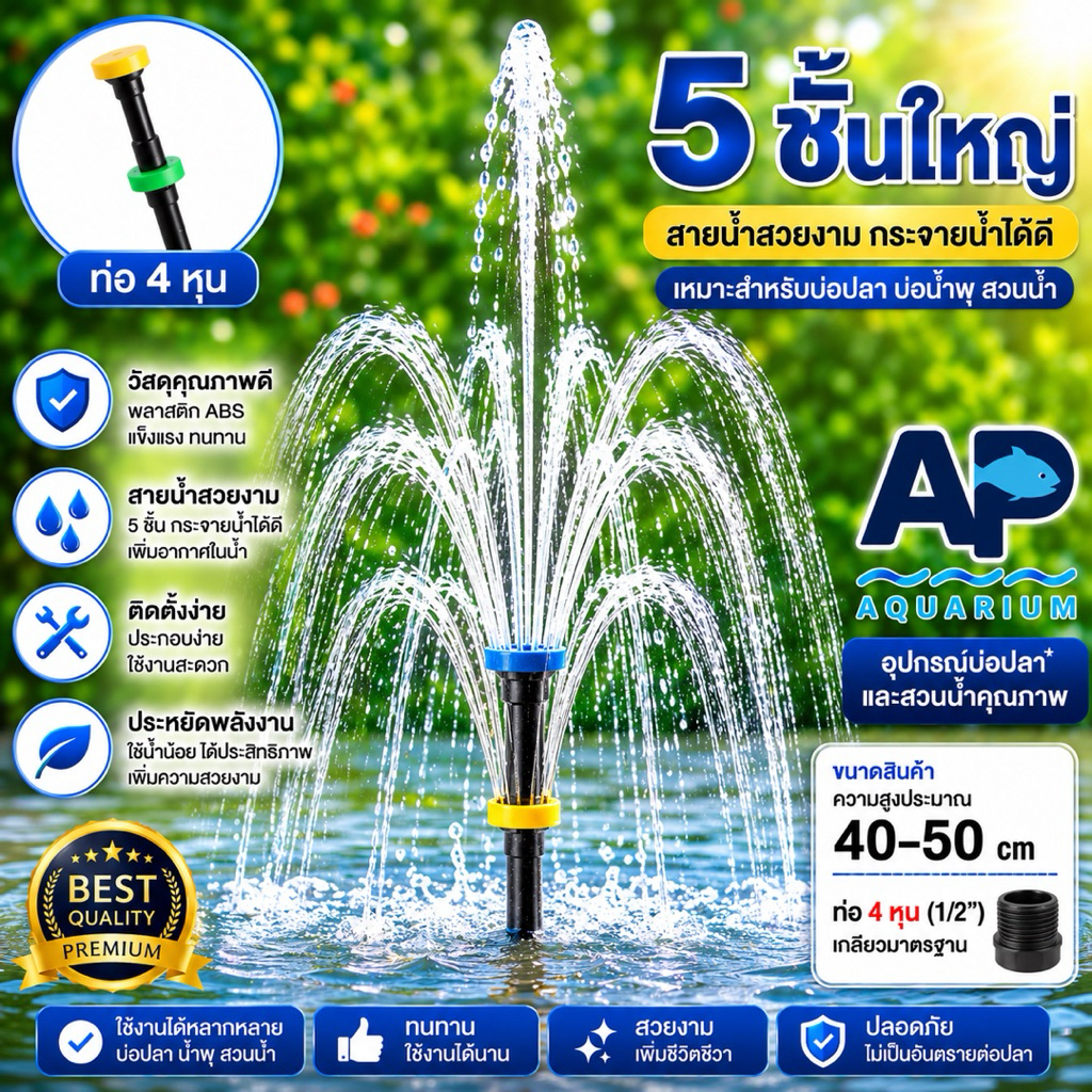 หัวน้ำพุ 5 ชั้นใหญ่ เพิ่มความสวยงามเพิ่มอ๊อกซิเจน เหมาะกับปั๊ม 2000 L/Hr. ขึ้นไป ท่อเข้าเป็นเกลียวนอก 4 หุน