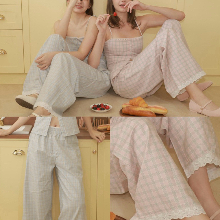 QUERA | Bonni Pants | กางเกงขายาวลายสก๊อตแต่งลูกไม้