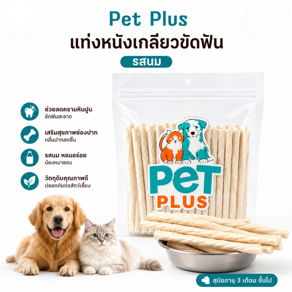PETPLUS ขนมสุนัข แท่งครันชี่สติ๊ก รสนม หนังวัวอบ ขัดฟันดี ลดคราบหินปูน ถุงใหญ่ 350-500g