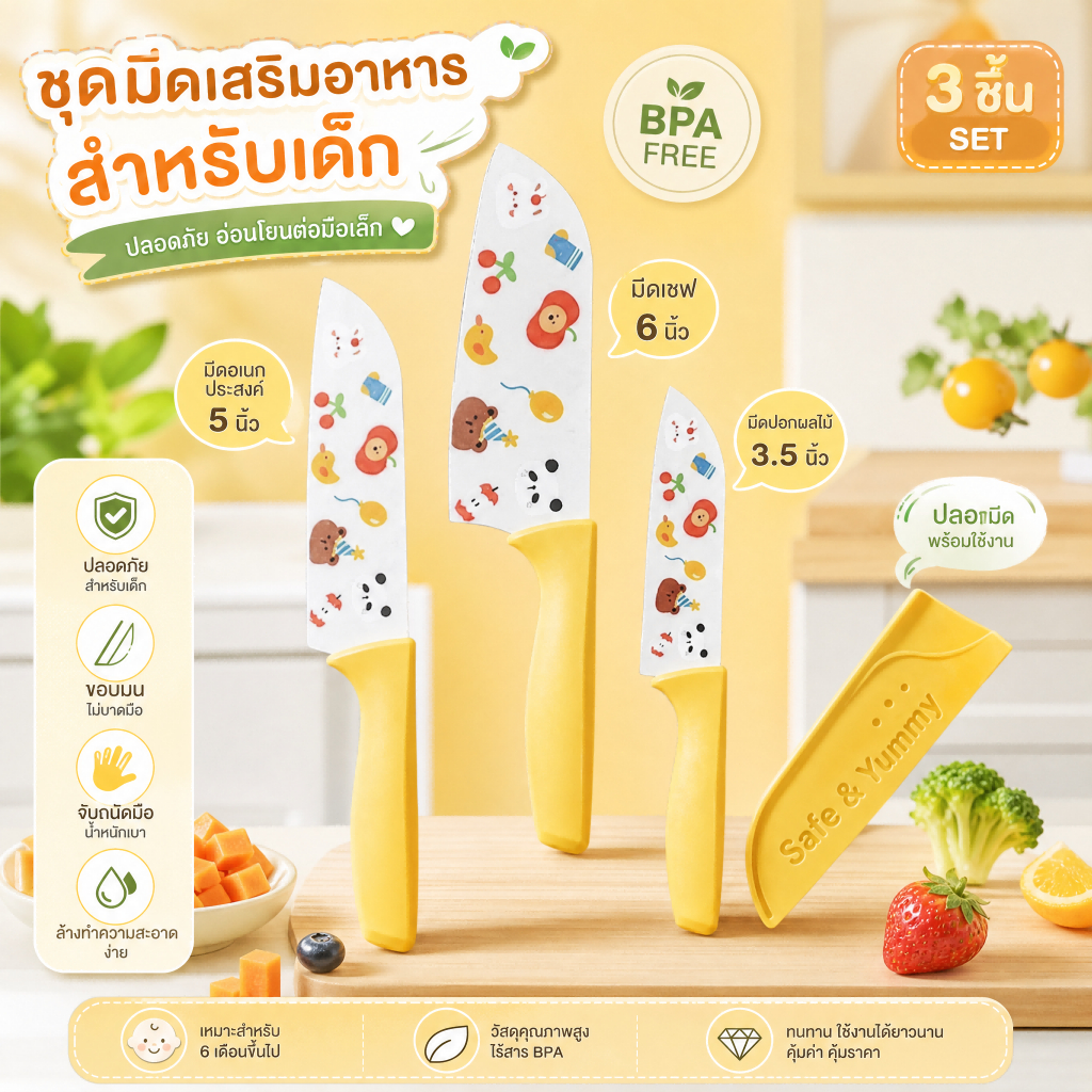 ชุดมีดครัวการ์ตูน Knife Set พร้อมเขียง มีดหั่นผักเนื้อผลไม้ ทำอาหารเด็ก สำหรับบ้าน หอพัก น่ารัก พกพา