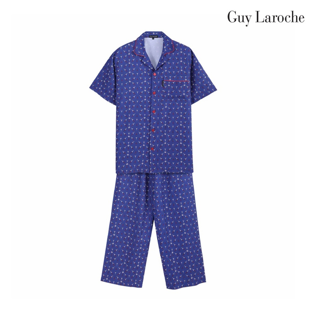 Guy Laroche ชุดนอนคอปก แขนสั้น ขายาว พิมพ์ลาย เนื้อผ้าไหมอิตาลี สีน้ำเงิน รุ่น JPP7824S6NV