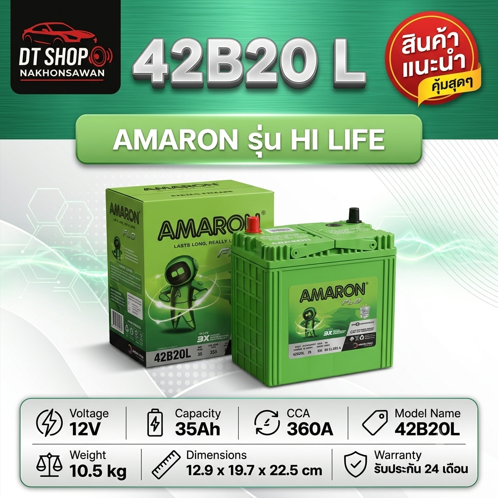 (จัดส่งฟรี) Amaron 42B20L 12V แบตเตอรี่รถยนต์สำหรับ ECO Car และเก๋งเล็ก Yaris Vios City Jazz Almera