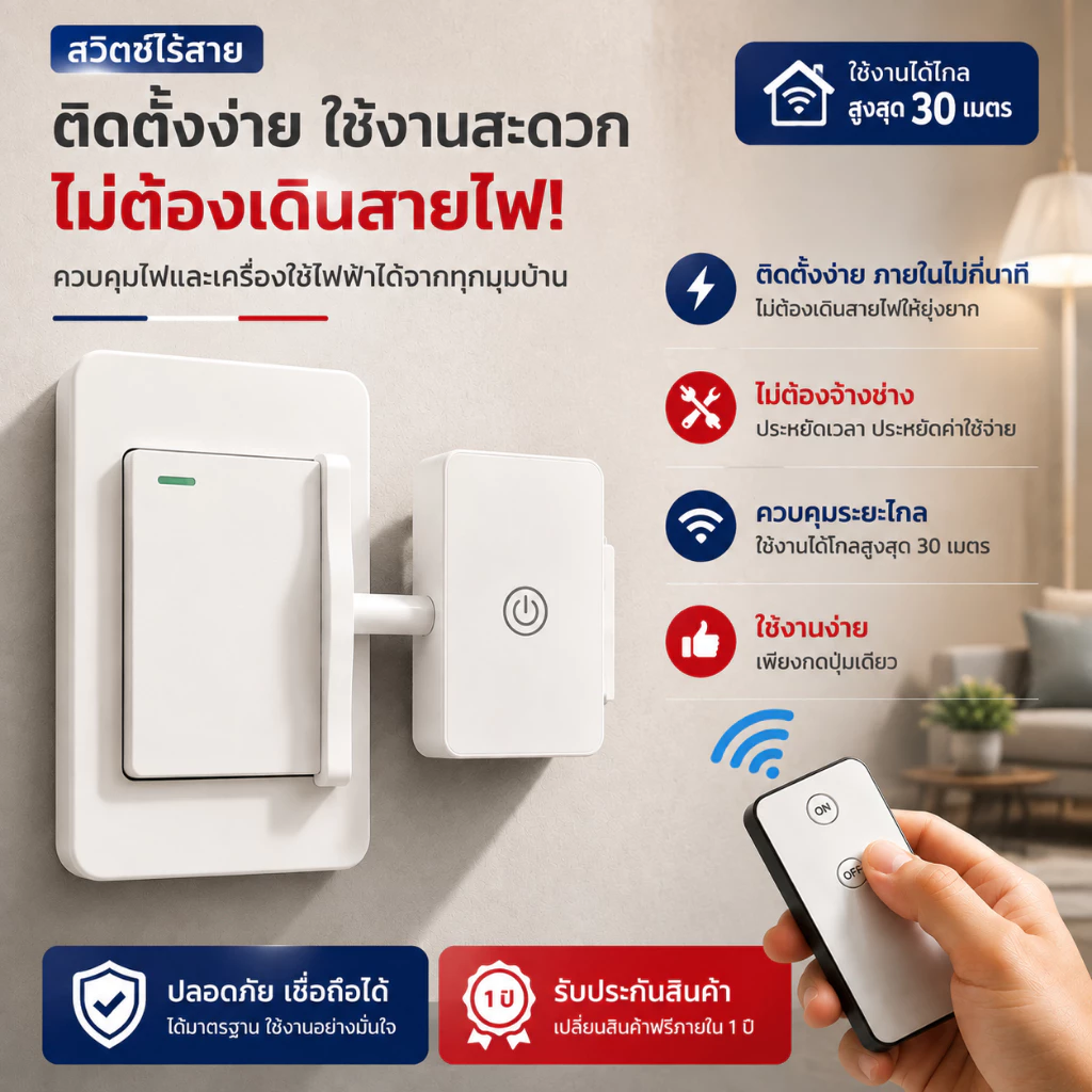 🇹🇭ส่งจากไทย🇹🇭 ปุ่มสวิตช์ไฟอัจฉริยะไร้สาย ติดตั้งง่ายด้วยกาวในตัว ไม่ต้องเจาะ ปุ่มเปิด/ปิด ควบคุมระยะไกล สวิตช์ควบคุมระยะ