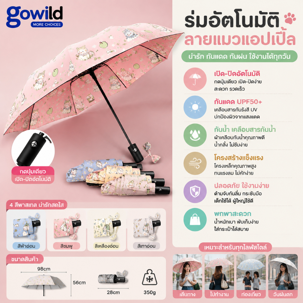 พร้อมส่ง ร่มกันแดด ร่มกันฝน ลายการ์ตูนน่ารัก UPF50+ ร่มออโต้ กัน UV กันแดดกันฝน ใช้ได้ทั้งเด็กและผู้ใหญ่