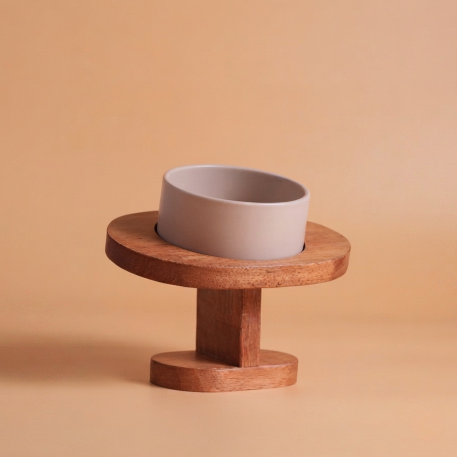 (แท่นเอียง) Slanted Wooden Stand with bowl แท่นไม้เอียงทรงมนพร้อมชามอาหารสัตว์เลี้ยง