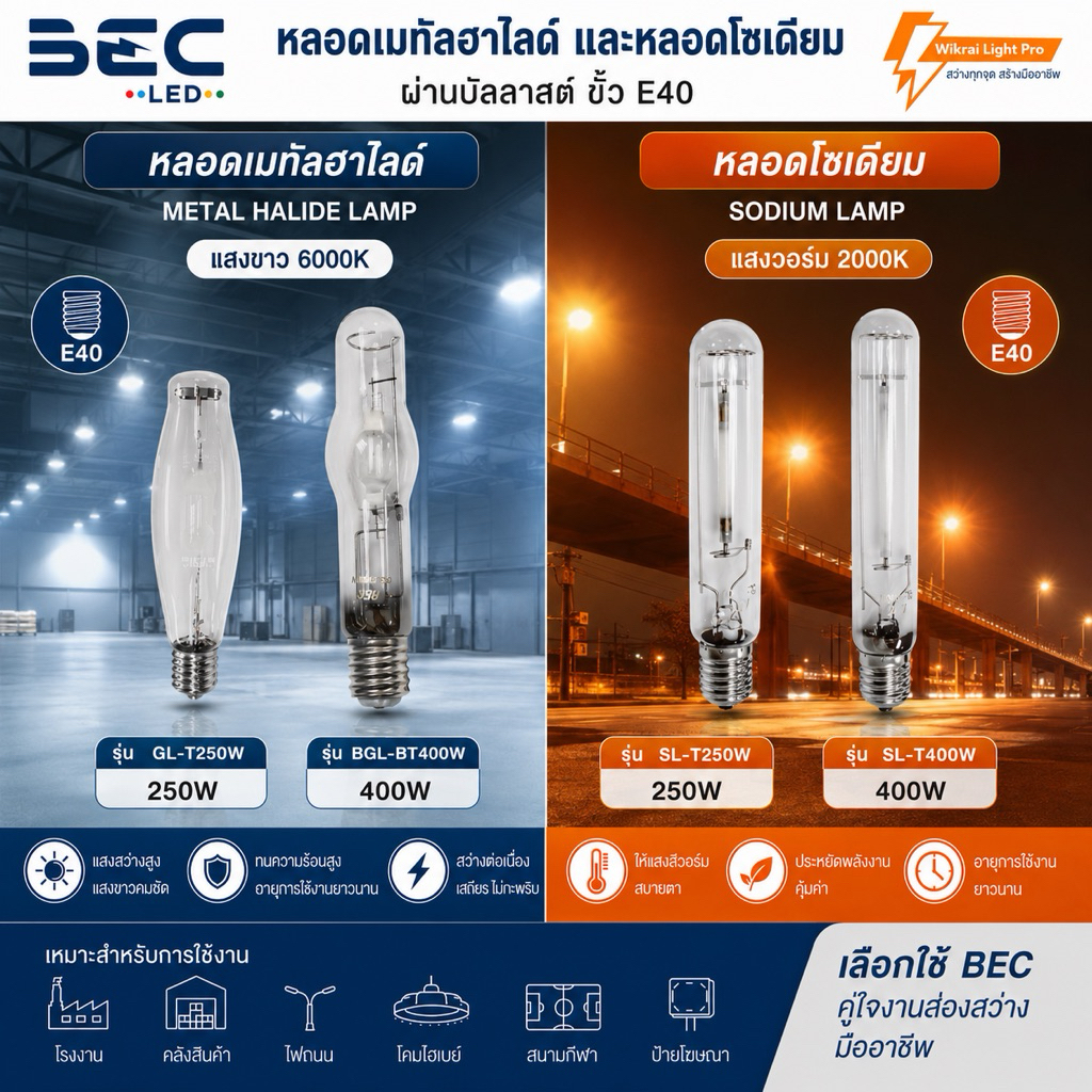 BEC หลอดโซเดียม แสงวอร์ม และ หลอดเมทัล แสงขาว ทรงกระบอก 250W และ 400W ขั้ว E40 ผ่านบัลลาส