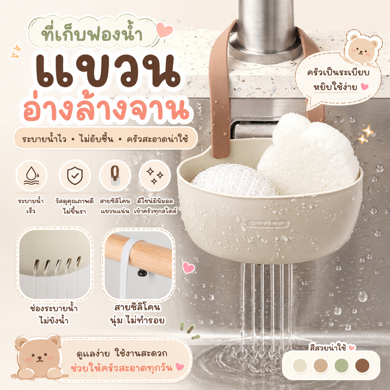 ที่วางฟองน้ำ ที่ใส่ฟองน้ำล้างจาน ที่ใส่ฟองน้ำ ที่แขวนอุปกรณ์ล้างจาน สำหรับอ่างล้างจาน
