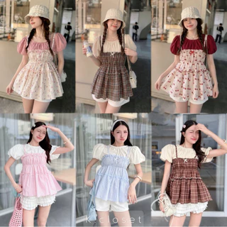 (อก 30-42) เสื้อเอี๊ยมทูโทนเป็นชิ้นติดกัน แขนพองบอลลูนน่ารัก สาวอวบใส่ได้อกถึง 42 นิ้ว