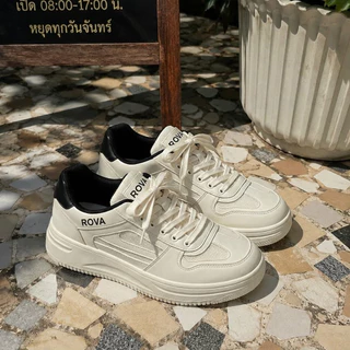 RoseVida รองเท้าผ้าใบผู้หญิง สีขาวครีม วินเทจ สไตล์เกาหลี แฟชั่นทรงเตี้ย พื้นยางกันลื่น พื้นนุ่ม ใส่สบาย พร้อมส่ง