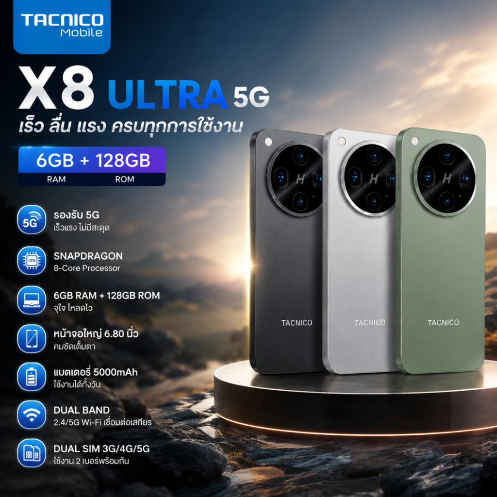 Tacnico X8 Ultra 5G สมาร์ทโฟน RAM 6+128GB จอ IPS AMOLED 7.0" แบตอึด 5800mAh รองรับ 4G/5G ใช้งานลื่นไ