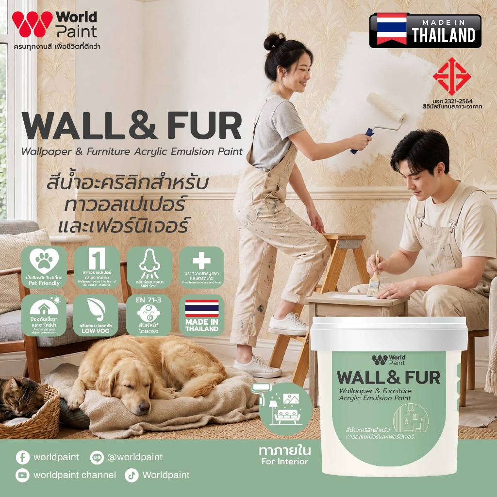 Worldpaint Wall & Fur สีน้ำอะคริลิกทาวอลเปเปอร์และเฟอร์นิเจอร์ แถมฟรี! ลูกกลิ้งขนาด 4 นิ้ว ขนาด 1 กก.